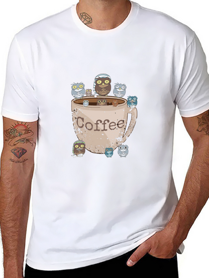 Coffee Owl Graphic Tee - Black Cotton T-Shirt