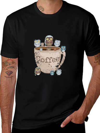 Coffee Owl Graphic Tee - Black Cotton T-Shirt