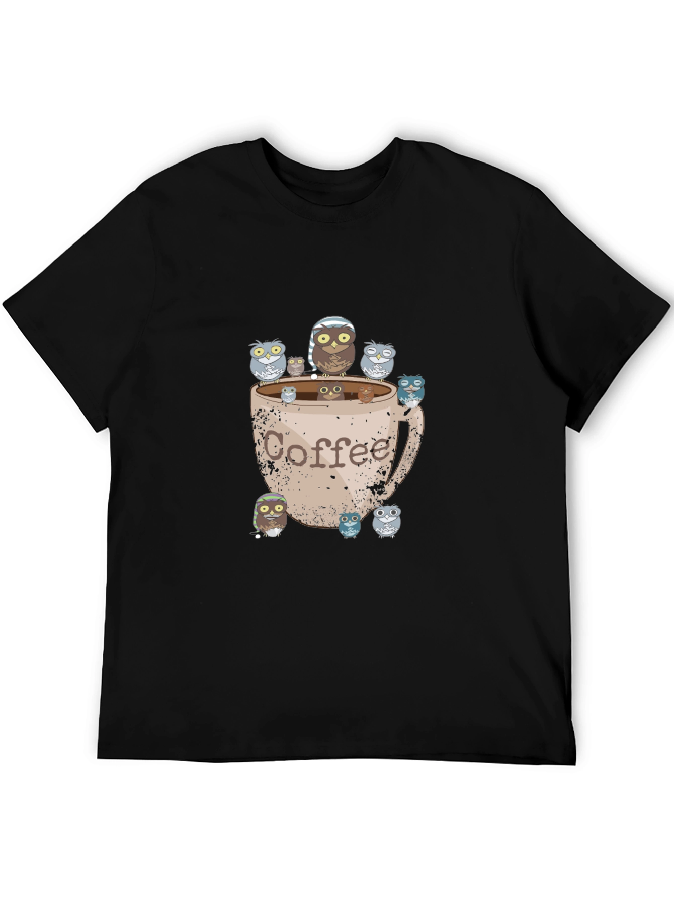 Coffee Owl Graphic Tee - Black Cotton T-Shirt