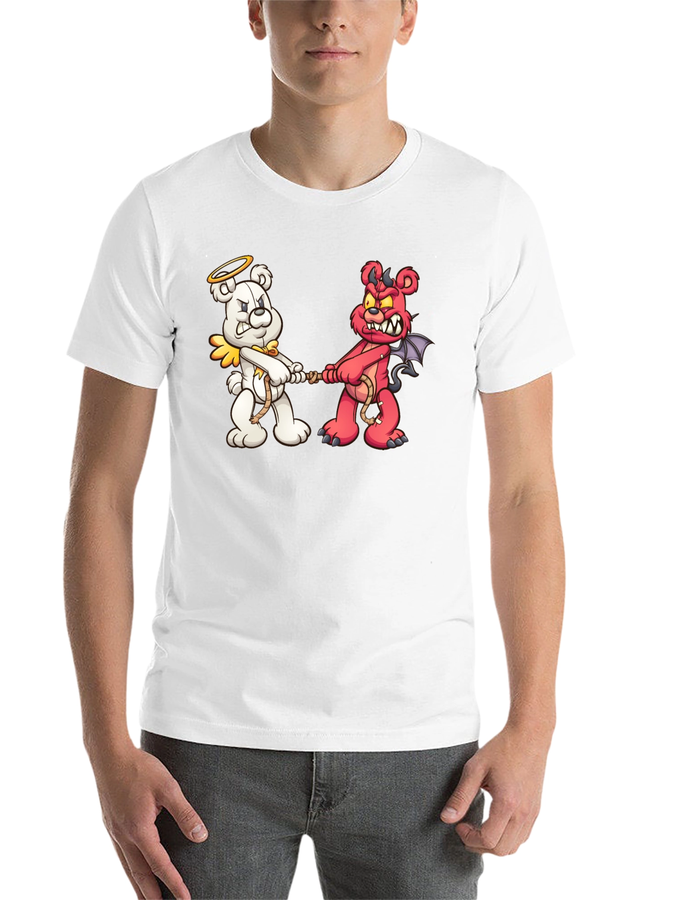 Angel vs. Devil Bear Tug-of-War Graphic T-Shirt