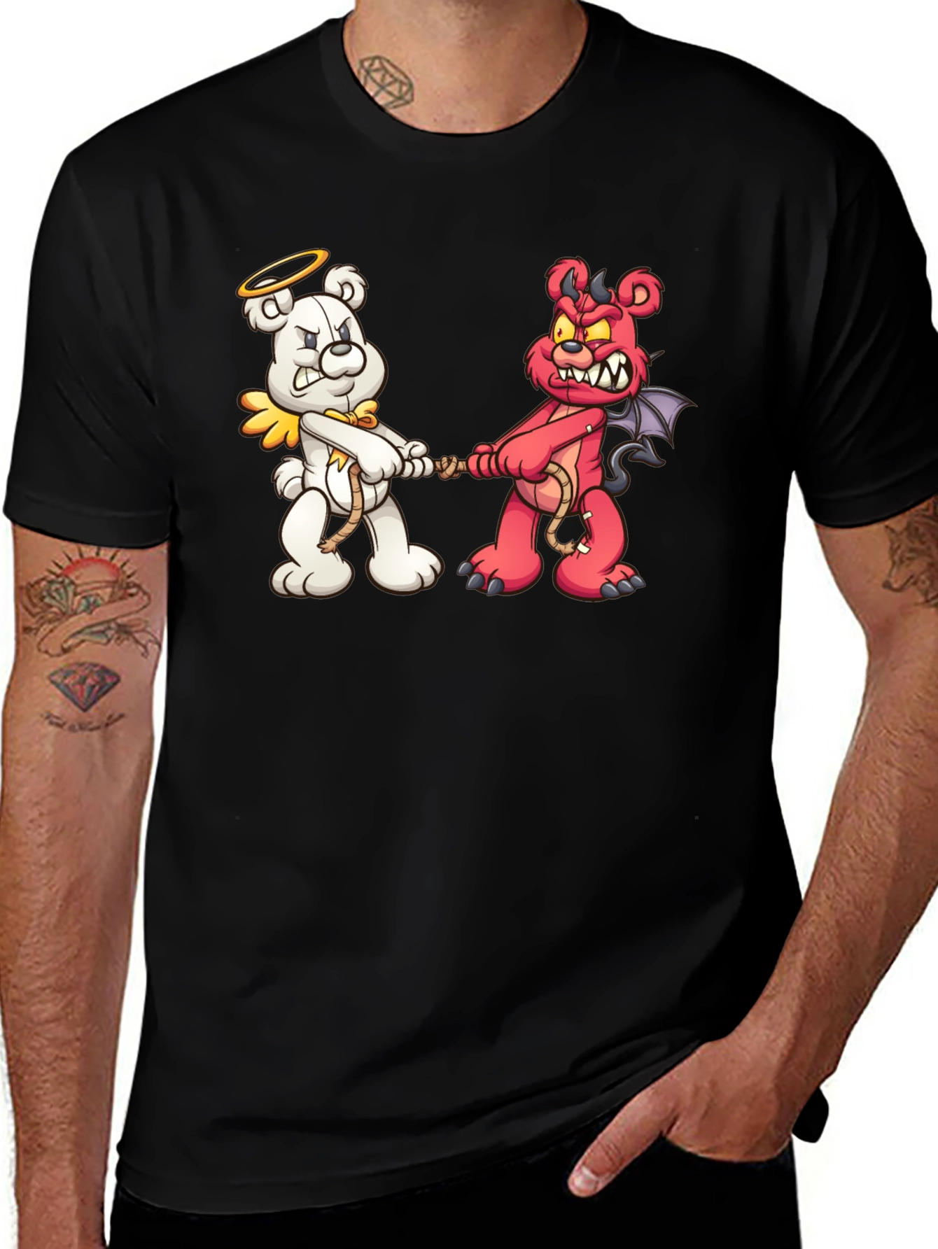 Angel vs. Devil Bear Tug-of-War Graphic T-Shirt