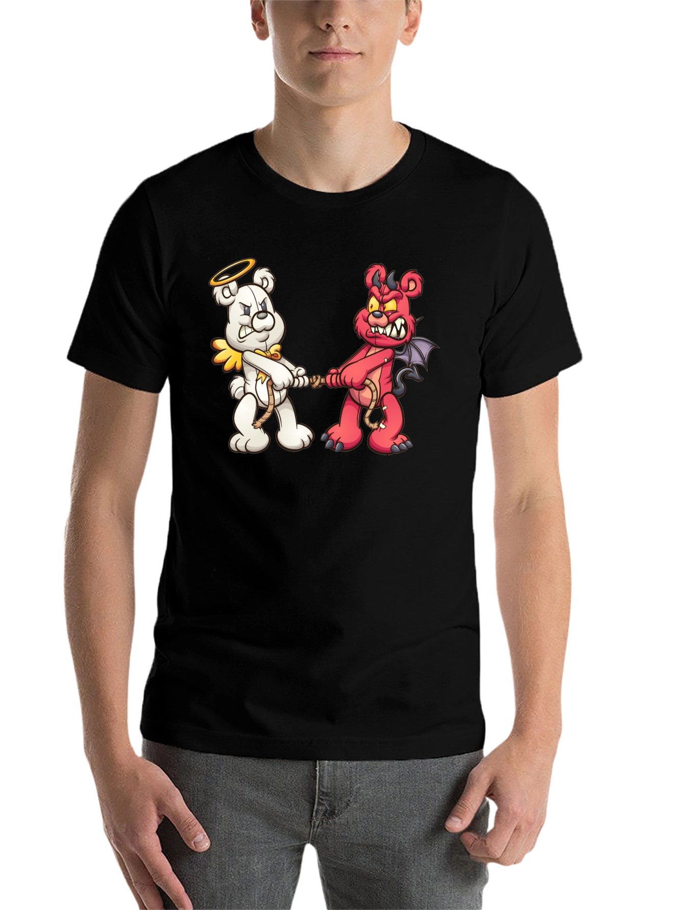 Angel vs. Devil Bear Tug-of-War Graphic T-Shirt