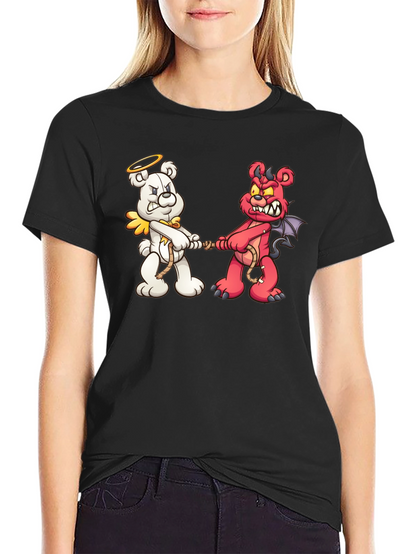 Angel vs. Devil Bear Tug-of-War Graphic T-Shirt