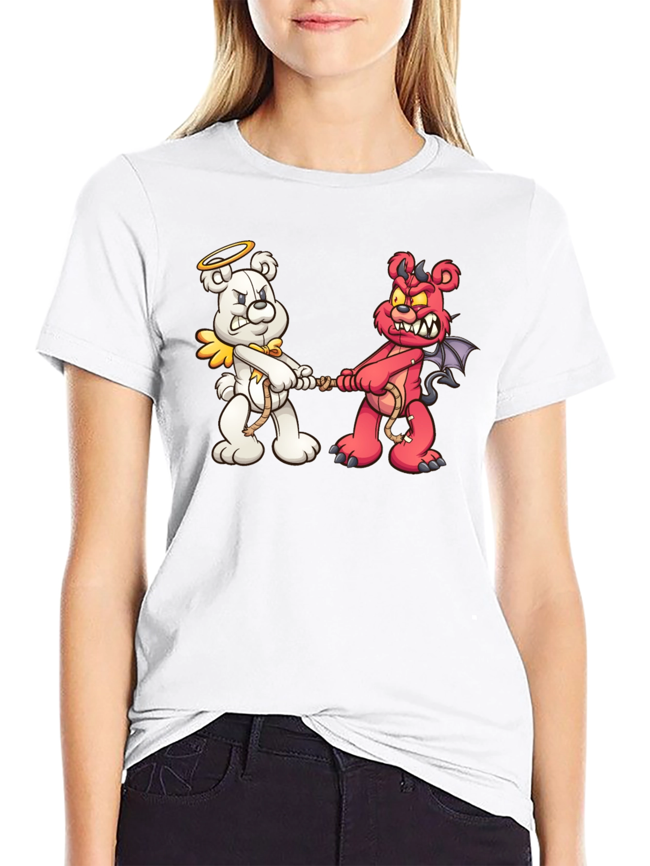 Angel vs. Devil Bear Tug-of-War Graphic T-Shirt