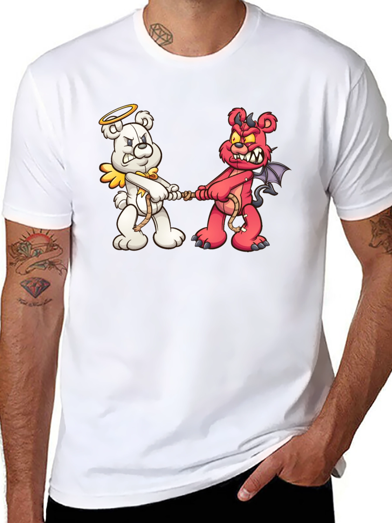 Angel vs. Devil Bear Tug-of-War Graphic T-Shirt
