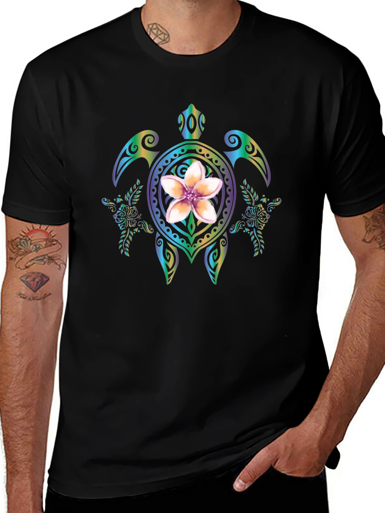 Floral Turtle Graphic Black T-Shirt