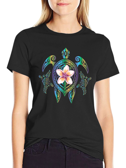 Floral Turtle Graphic Black T-Shirt