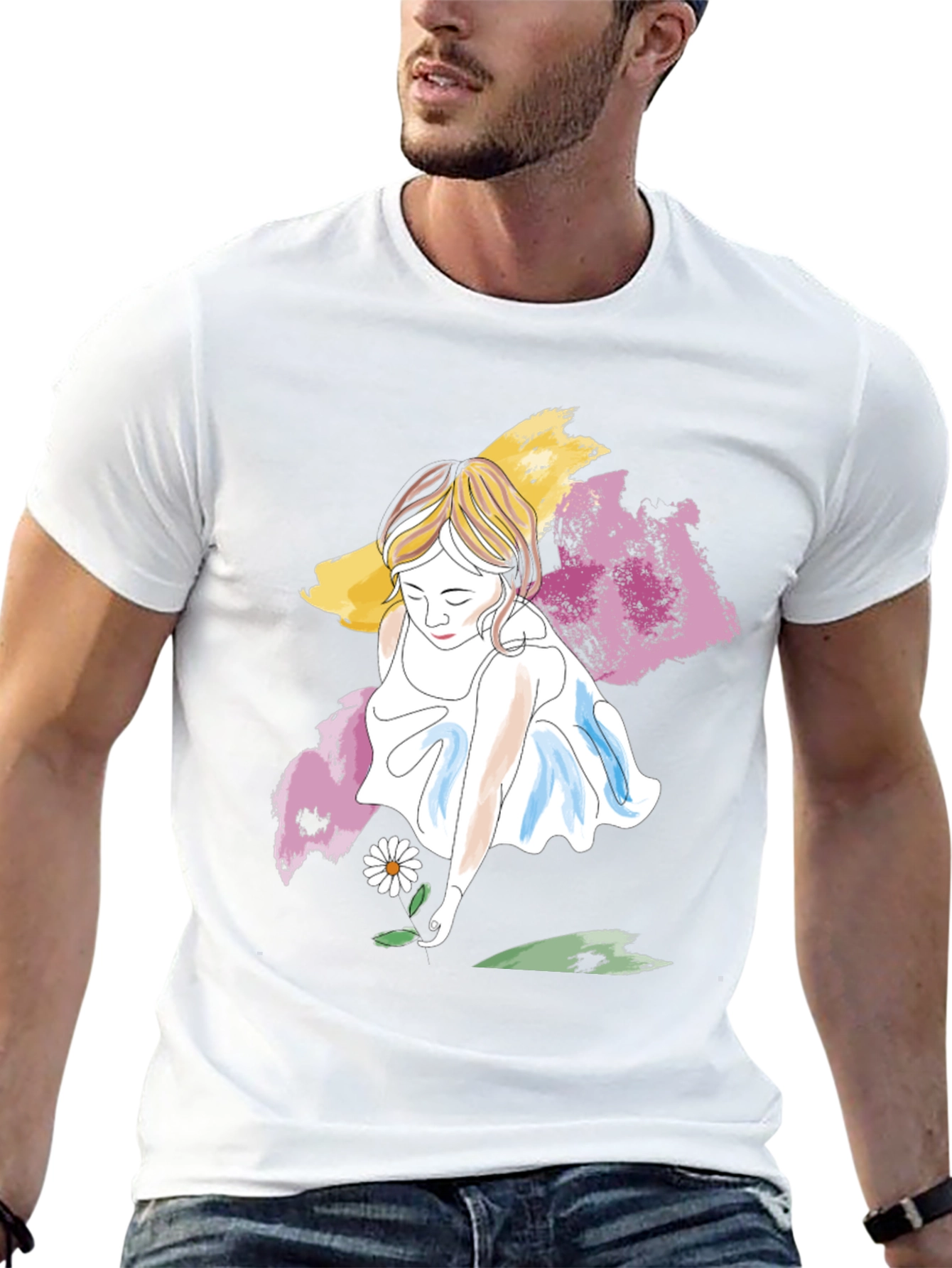 Girl with Daisy T-Shirt - Artistic Graphic Tee