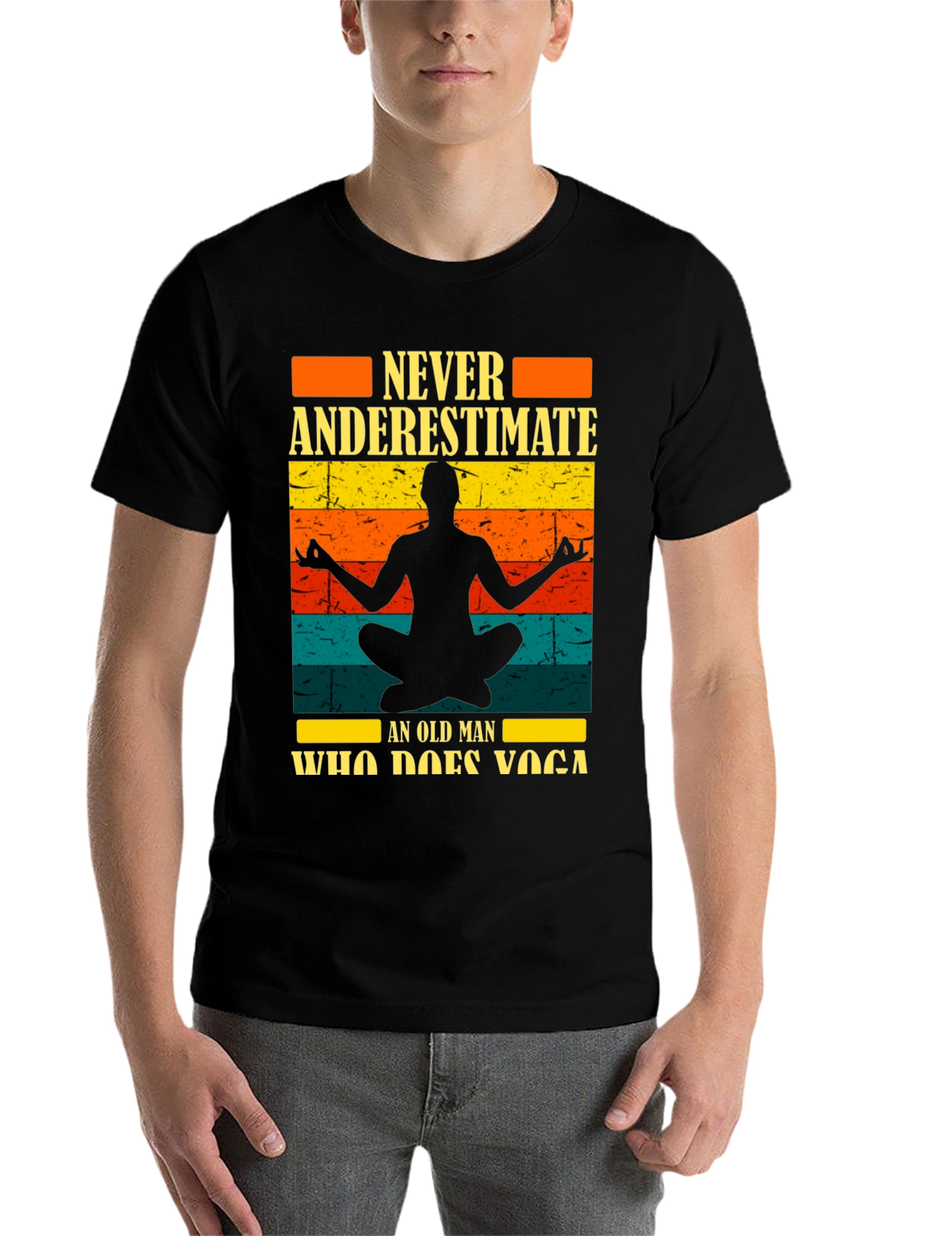 Never Underestimate Yoga Old Man Black T-Shirt