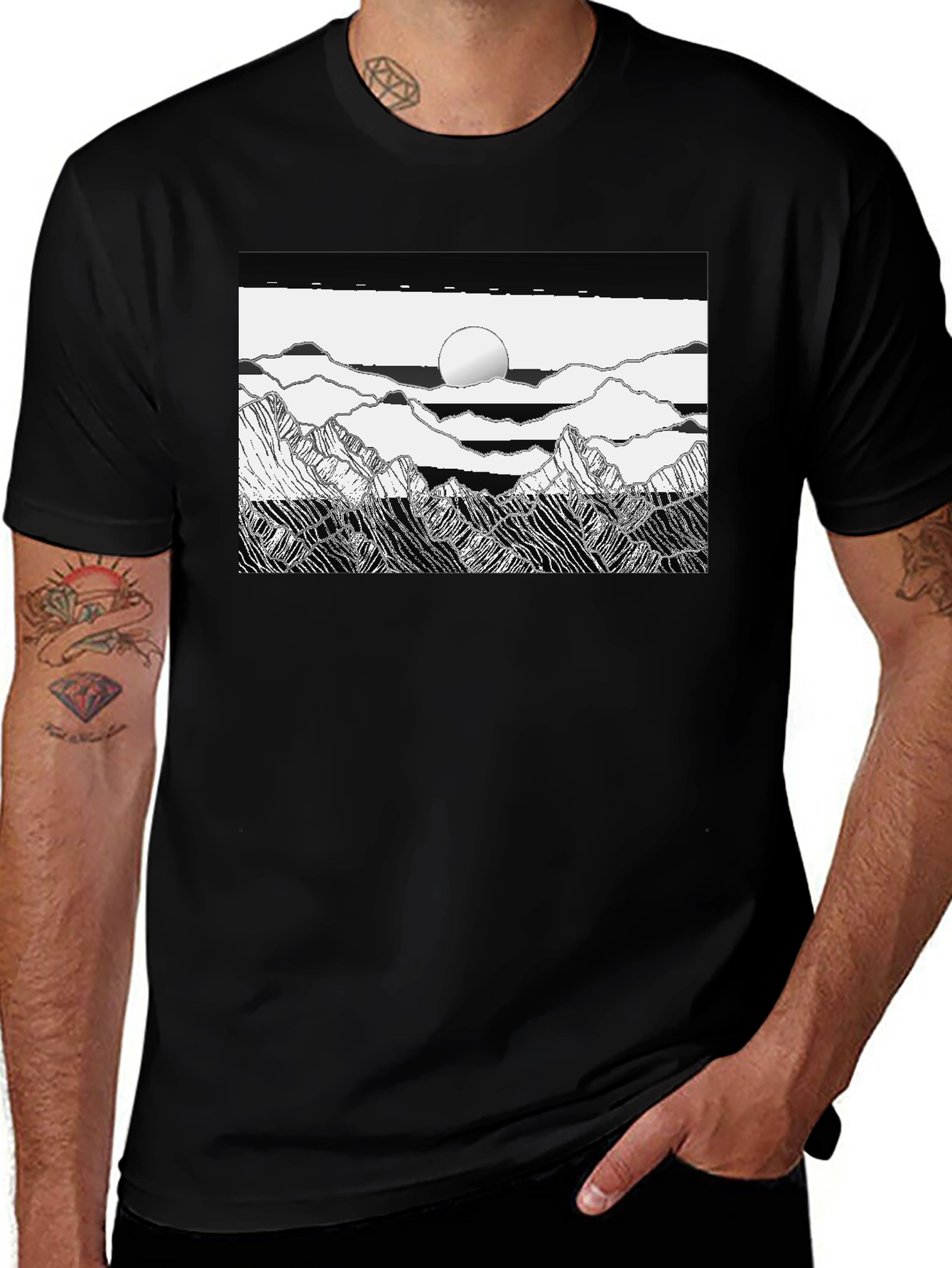 Black Graphic Tee - Mountain Scene Print