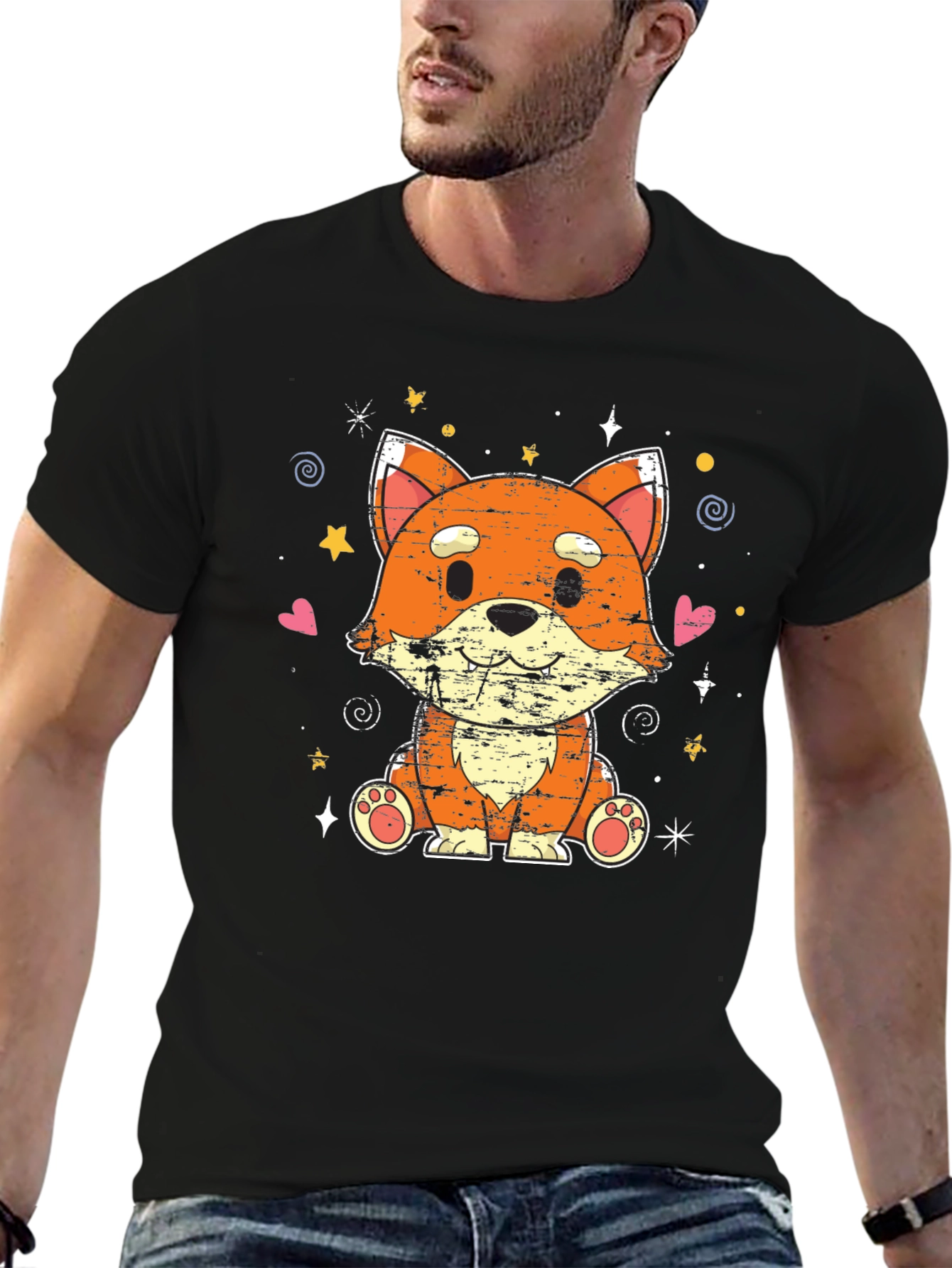 Cute Kawaii Fox Black T-Shirt