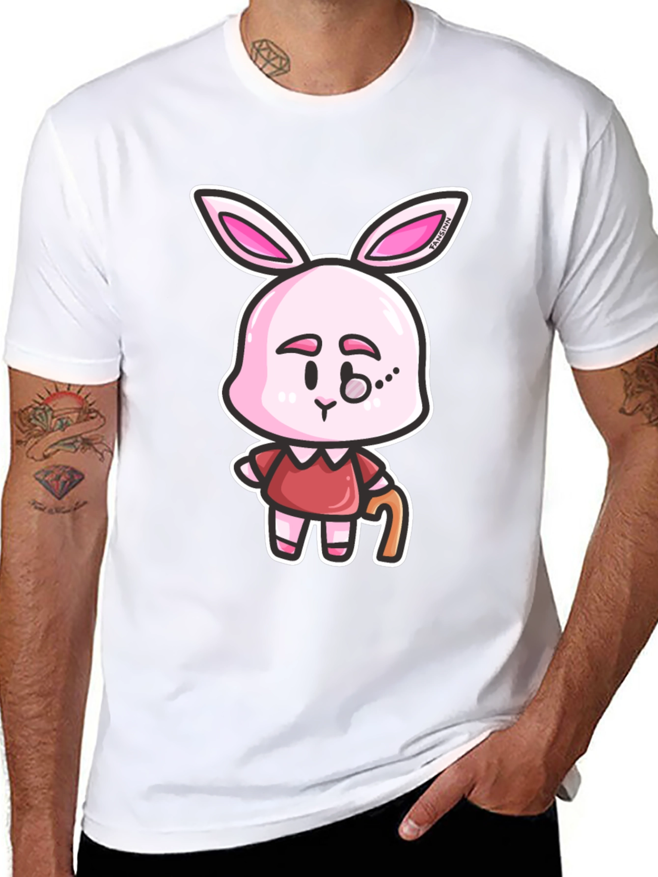 Cartoon Bunny Character Print Black T-Shirt