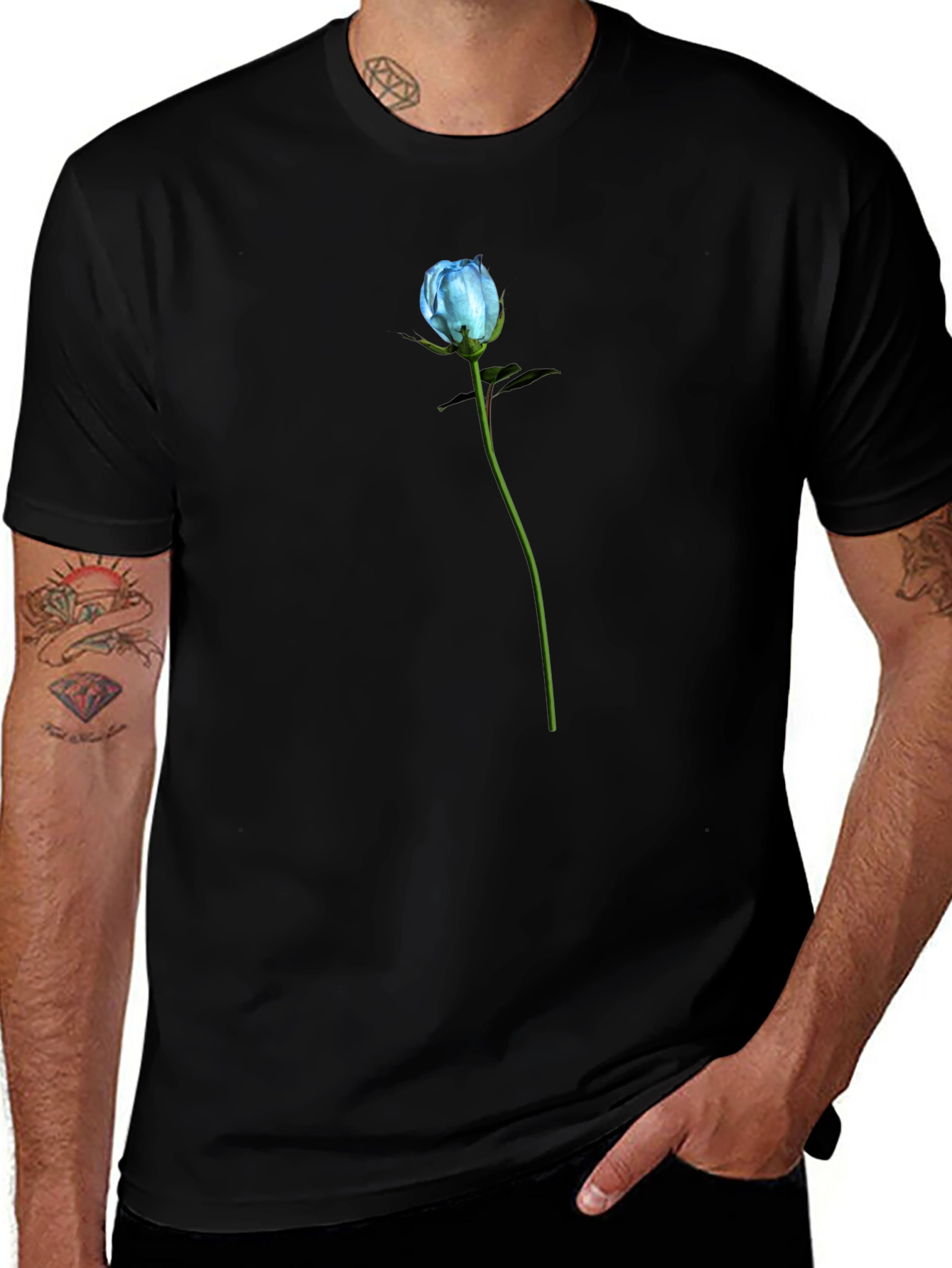 Blue Rose Graphic T-Shirt - Black Cotton Blend
