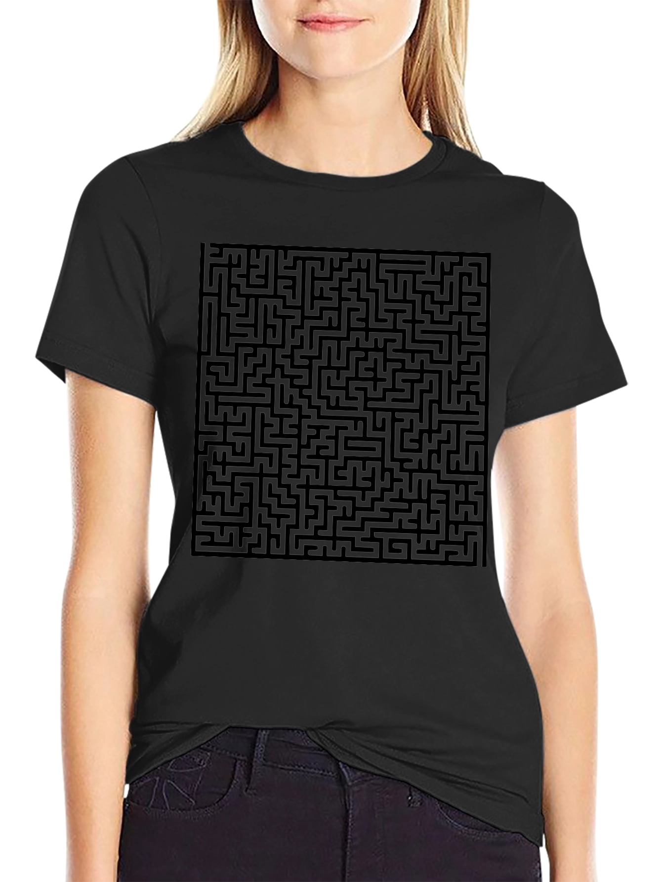 Maze Graphic Print Tee - Black Casual Style