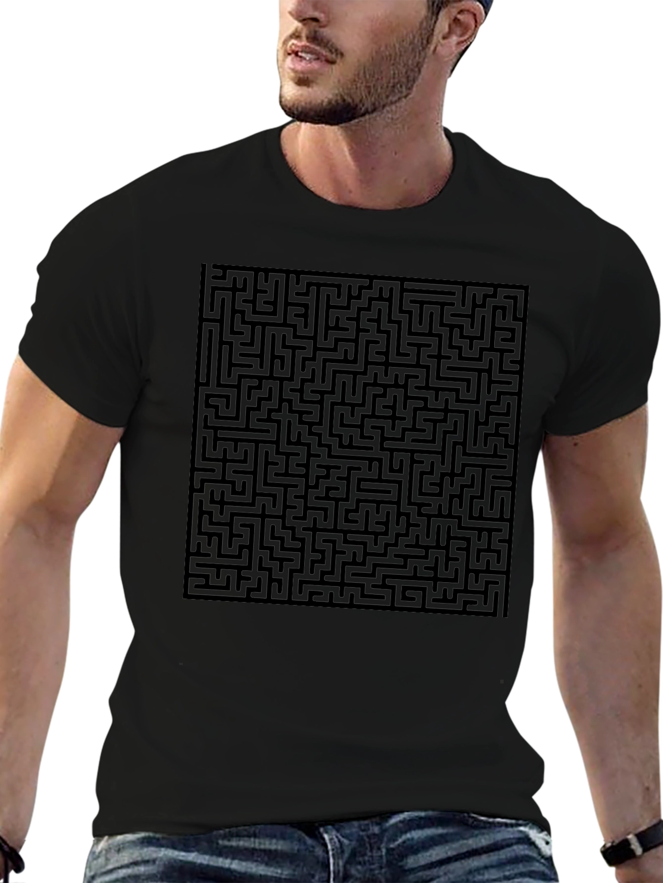 Maze Graphic Print Tee - Black Casual Style