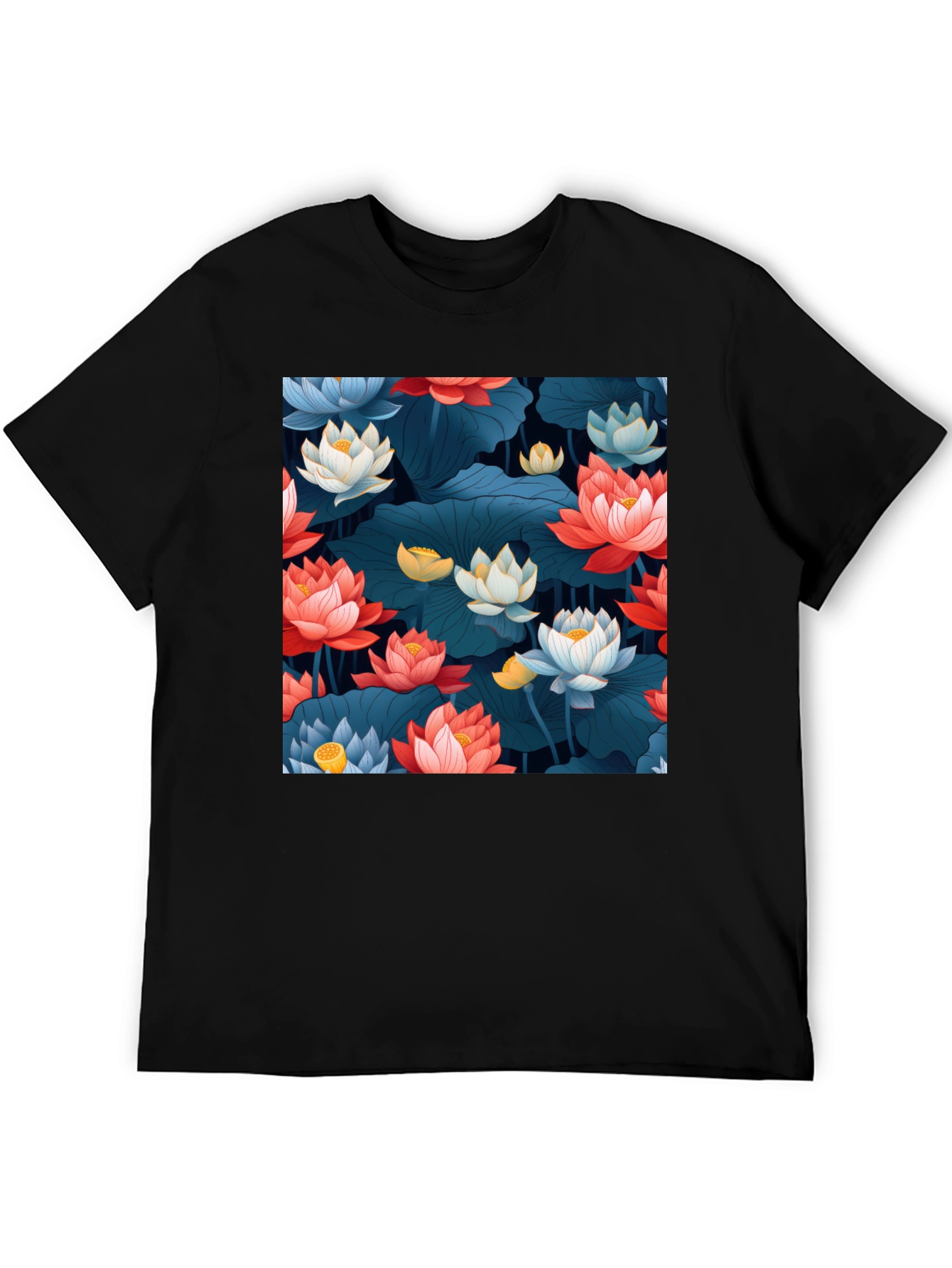 Lotus Floral Graphic Print Black T-Shirt