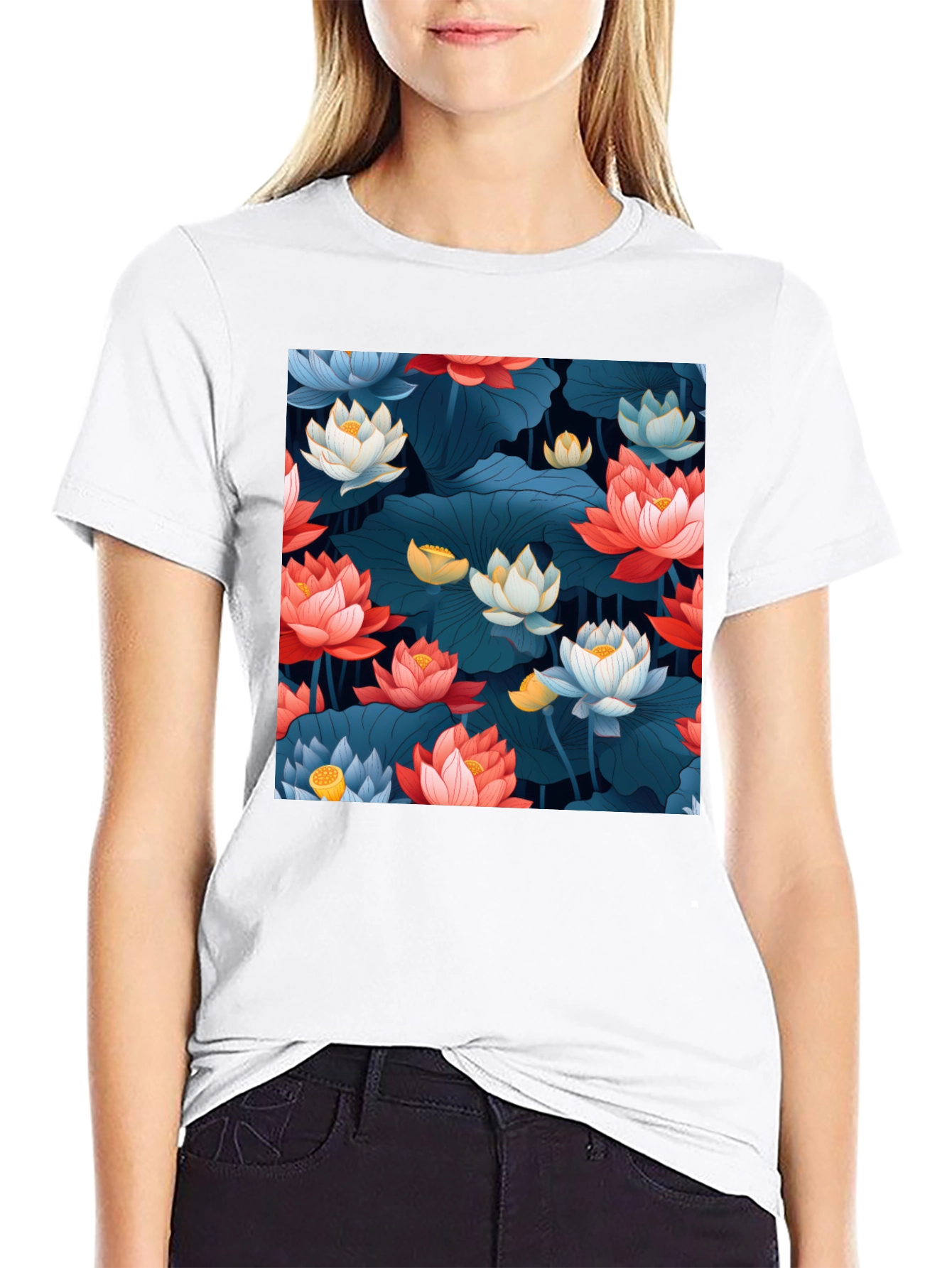 Lotus Floral Graphic Print Black T-Shirt