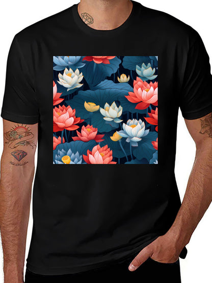 Lotus Floral Graphic Print Black T-Shirt