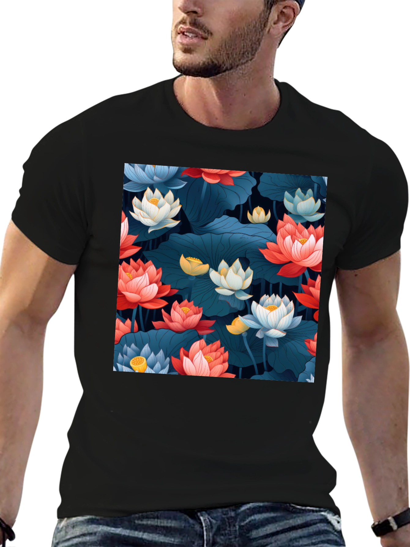 Lotus Floral Graphic Print Black T-Shirt