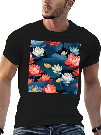Lotus Floral Graphic Print Black T-Shirt
