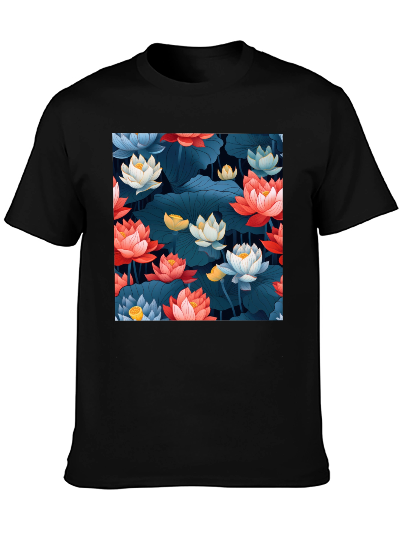 Lotus Floral Graphic Print Black T-Shirt