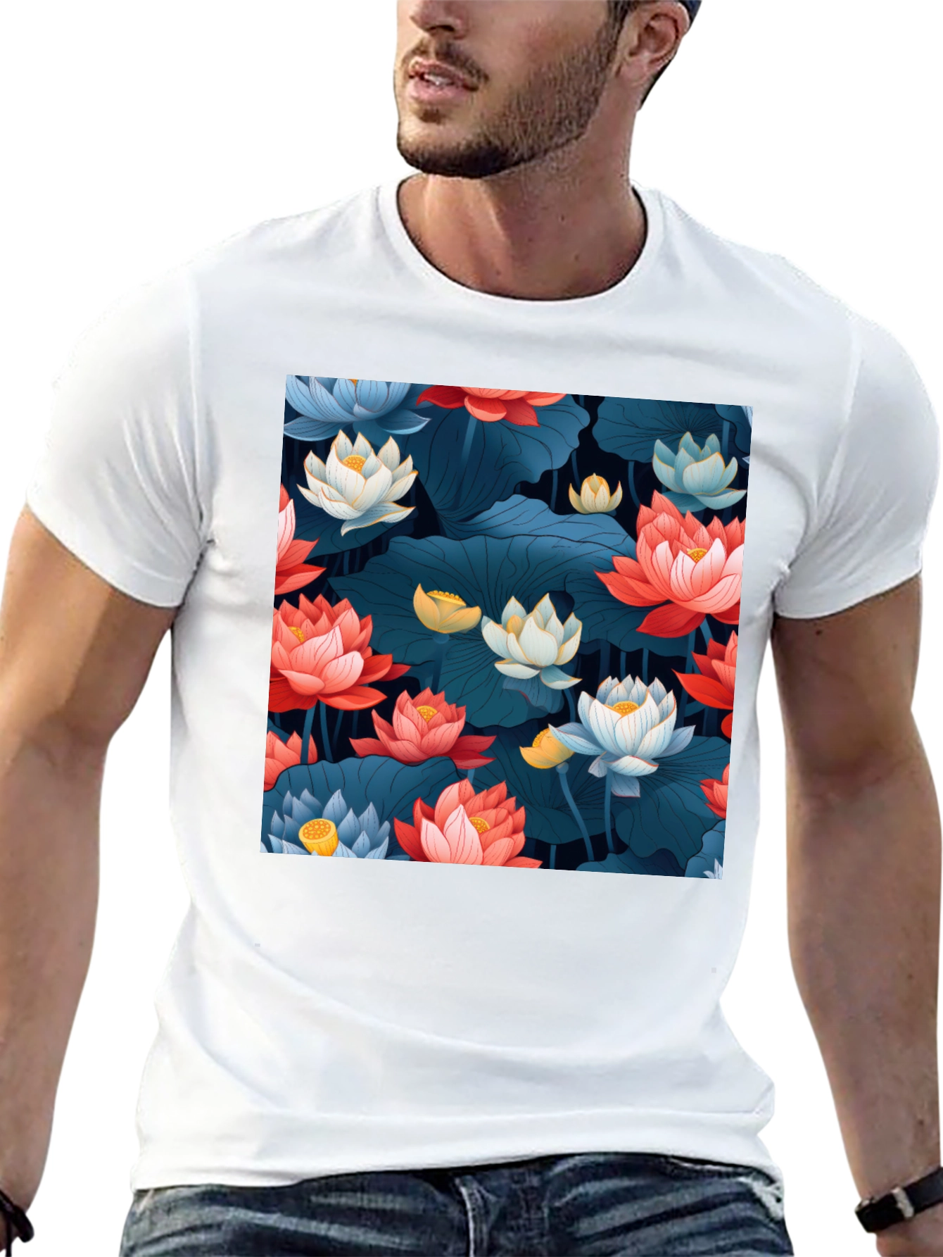Lotus Floral Graphic Print Black T-Shirt