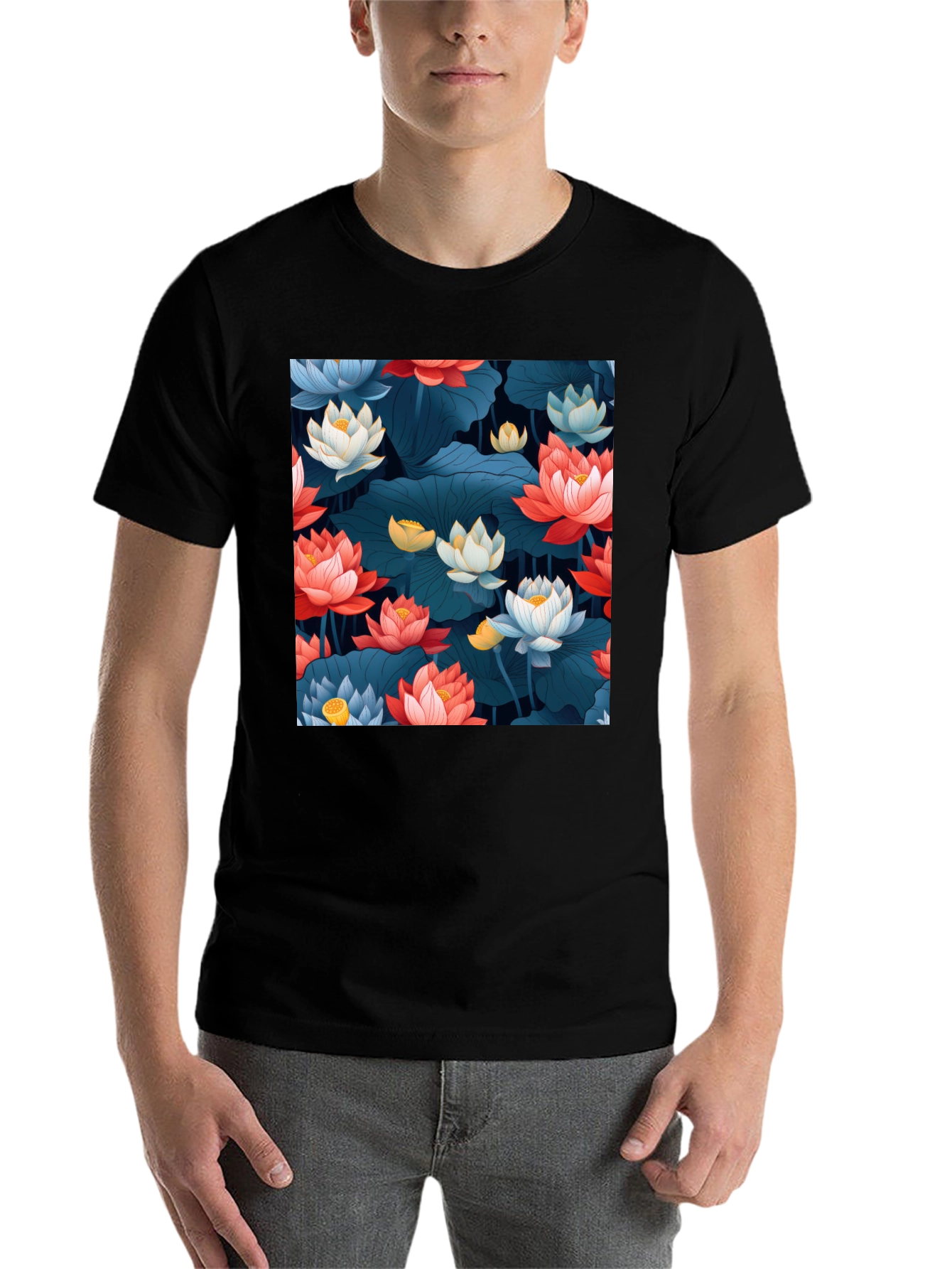 Lotus Floral Graphic Print Black T-Shirt
