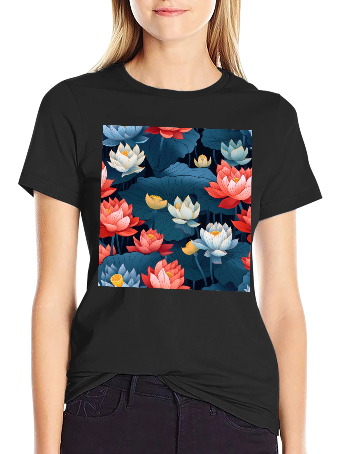 Lotus Floral Graphic Print Black T-Shirt