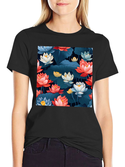 Lotus Floral Graphic Print Black T-Shirt