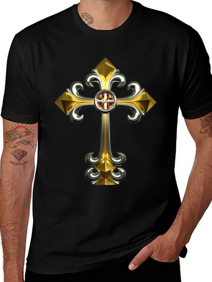 Gothic Gold Cross Graphic Tee - Black