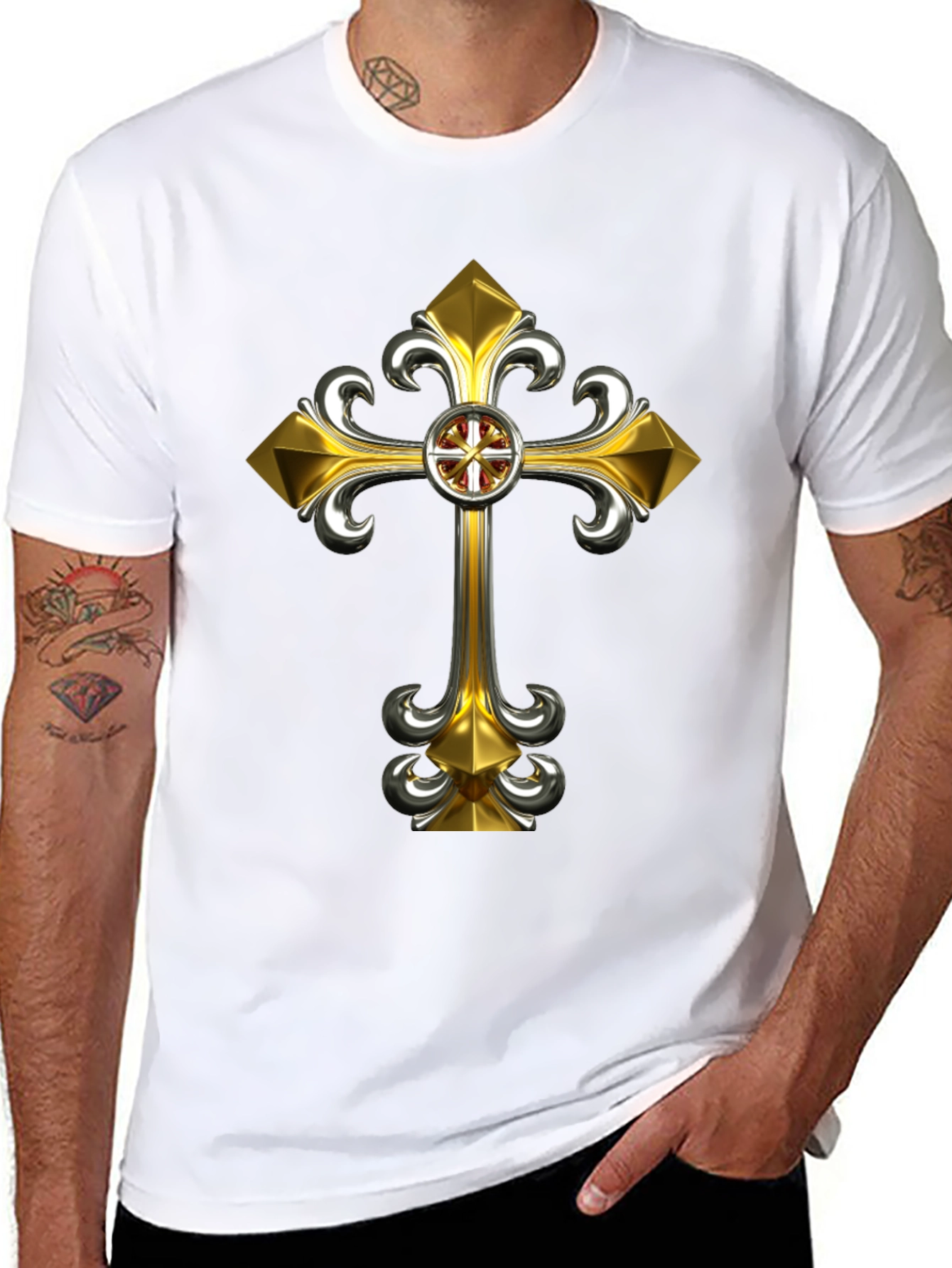 Gothic Gold Cross Graphic Tee - Black