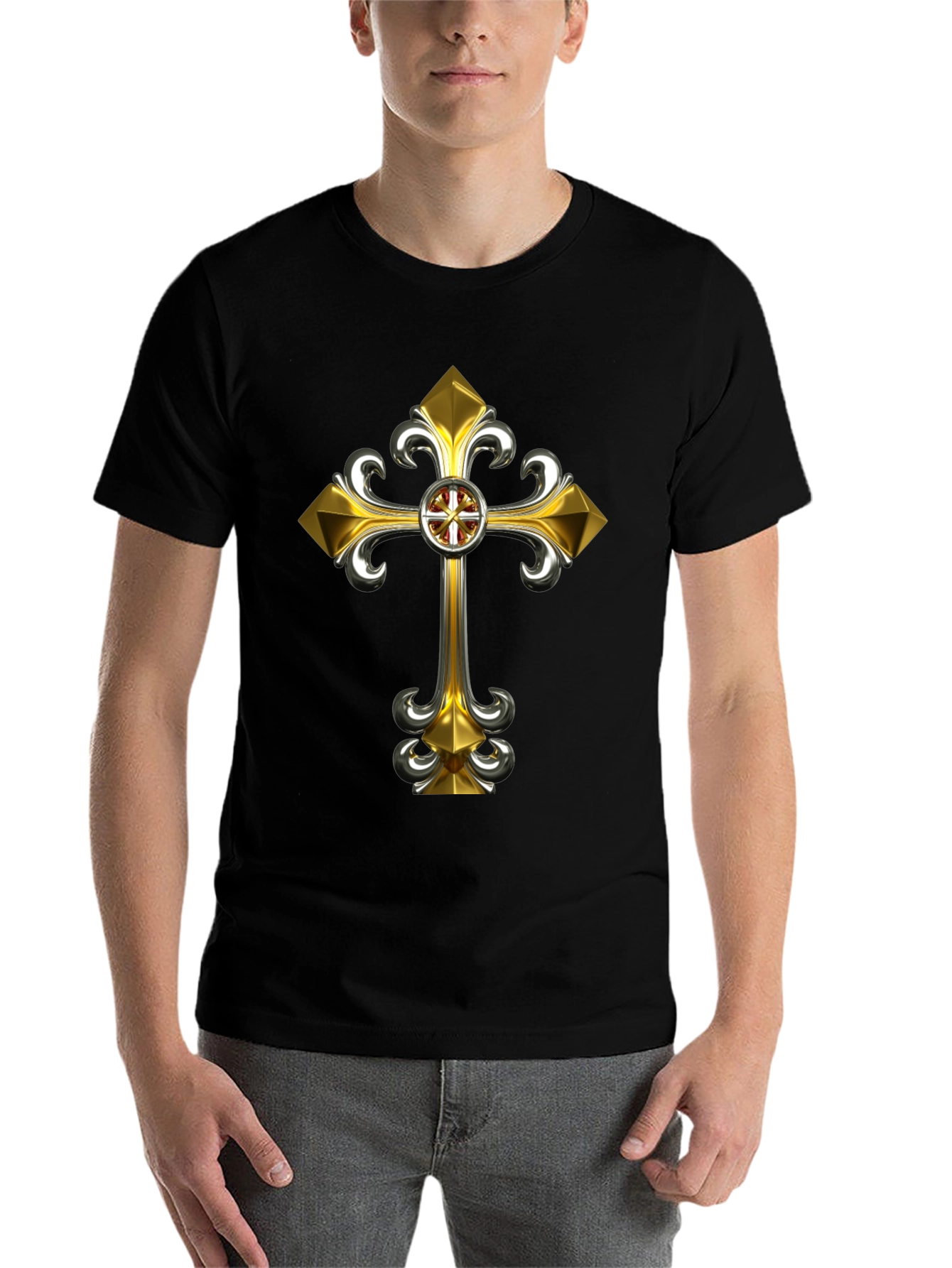 Gothic Gold Cross Graphic Tee - Black