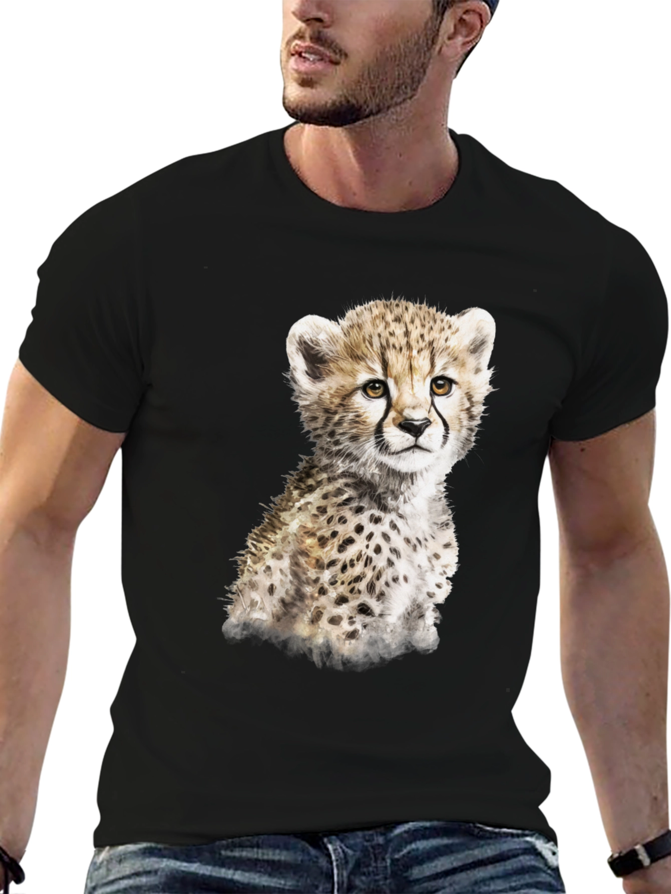 Cute Cheetah Cub Graphic T-Shirt - Black