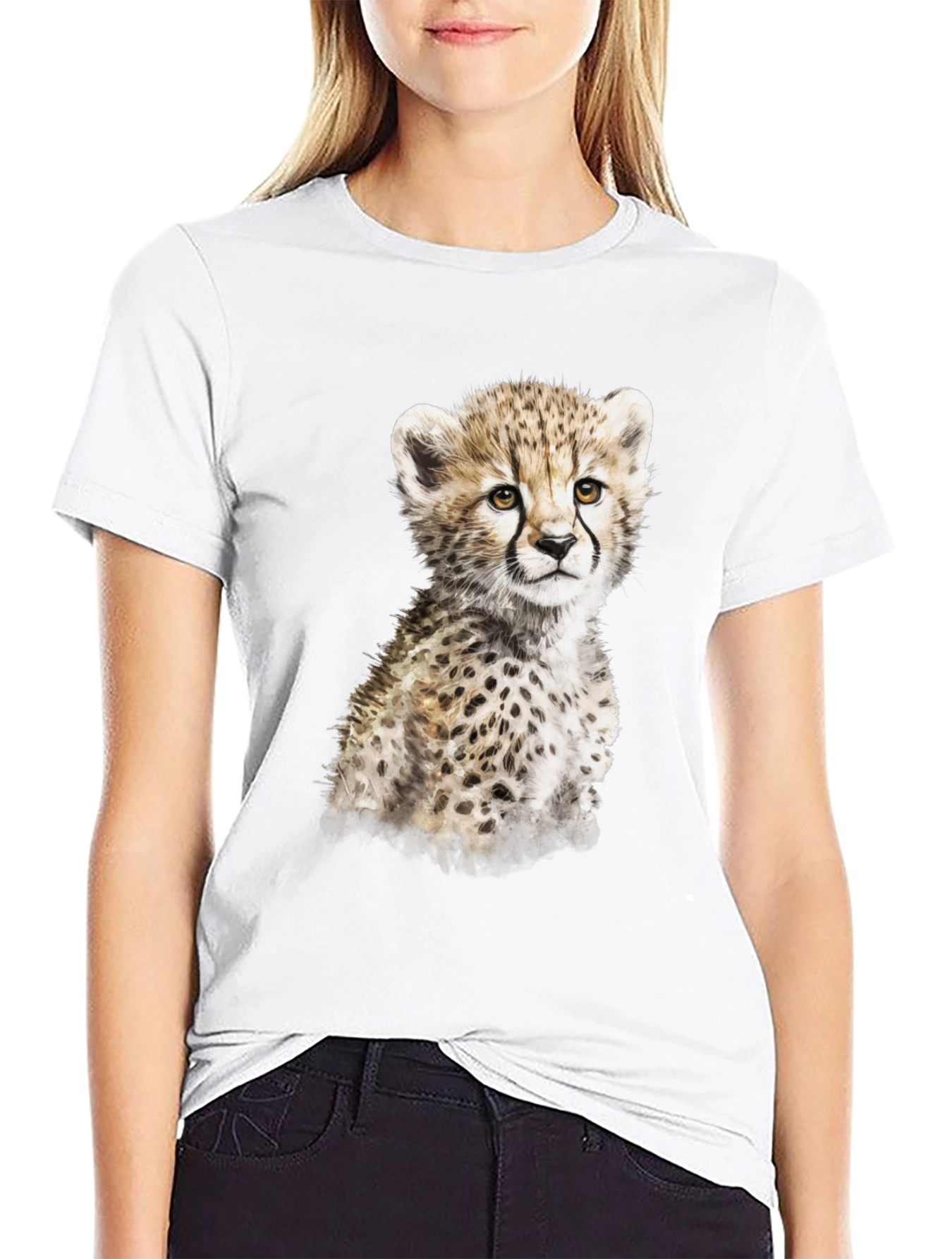 Cute Cheetah Cub Graphic T-Shirt - Black