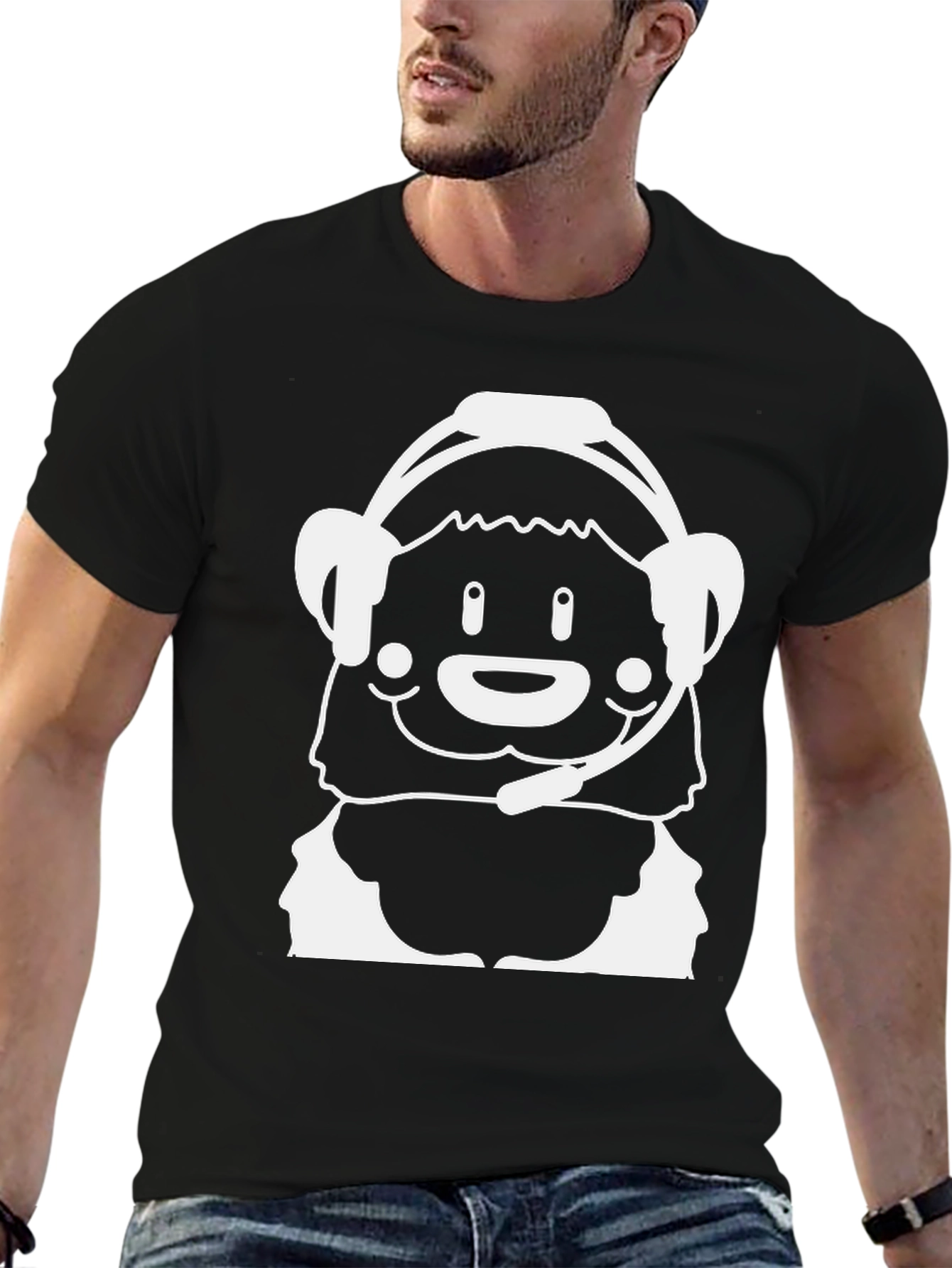Cartoon Bear Gamer Black T-Shirt