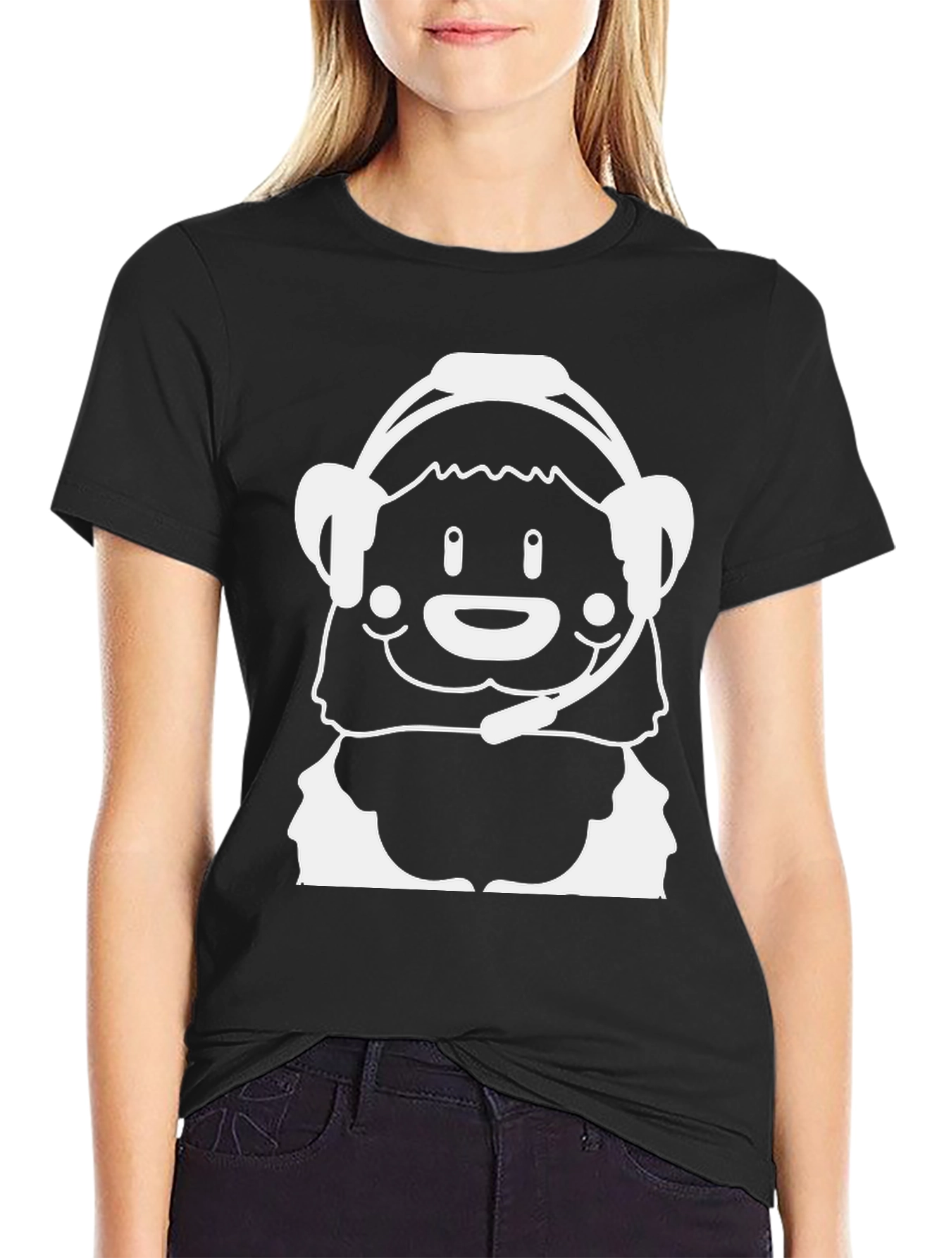 Cartoon Bear Gamer Black T-Shirt