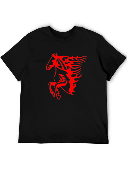 Mens Black T-Shirt with Fiery Red Horse Graphic