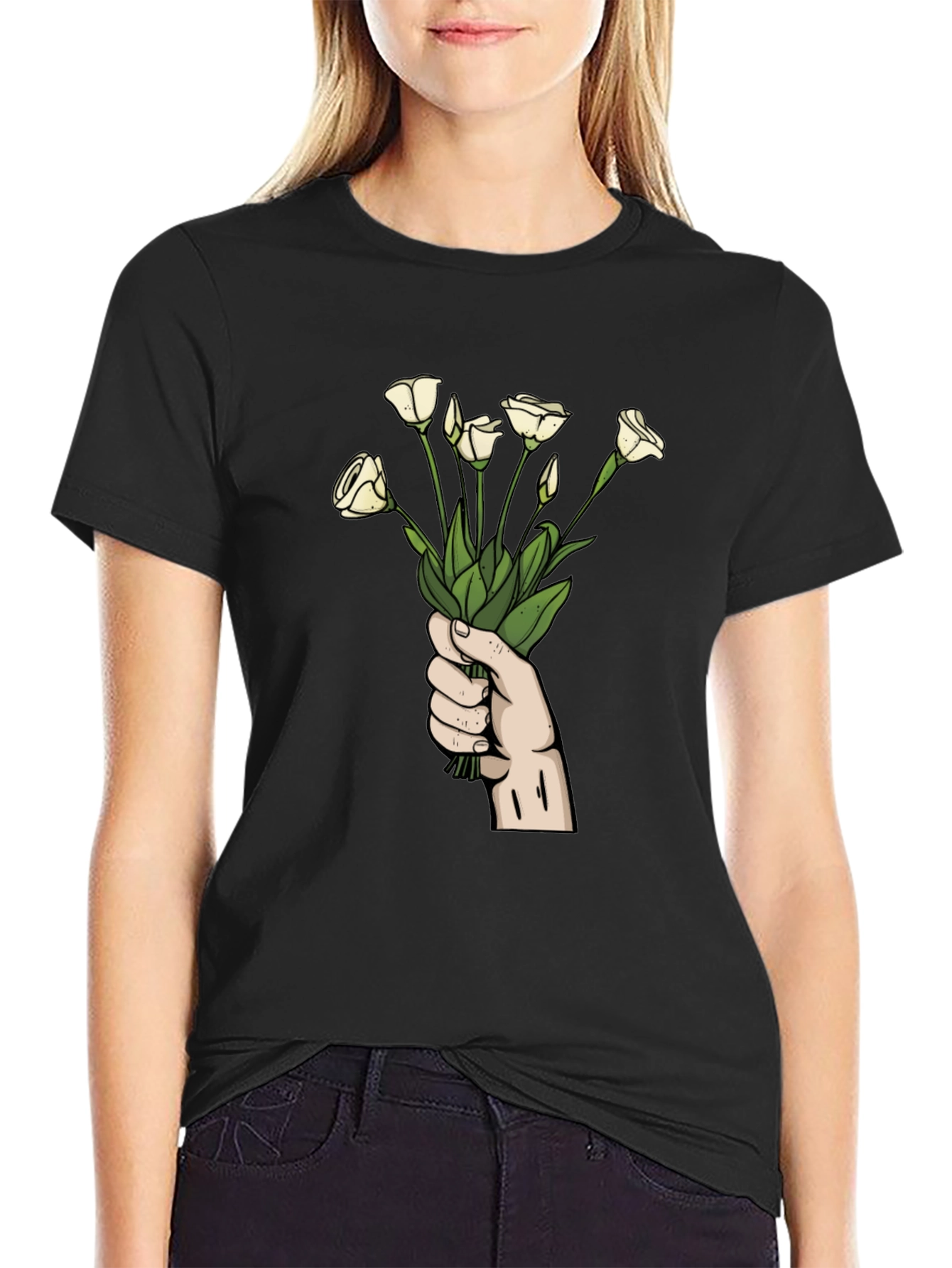 Floral Bouquet Graphic Tee - Black Cotton T-Shirt