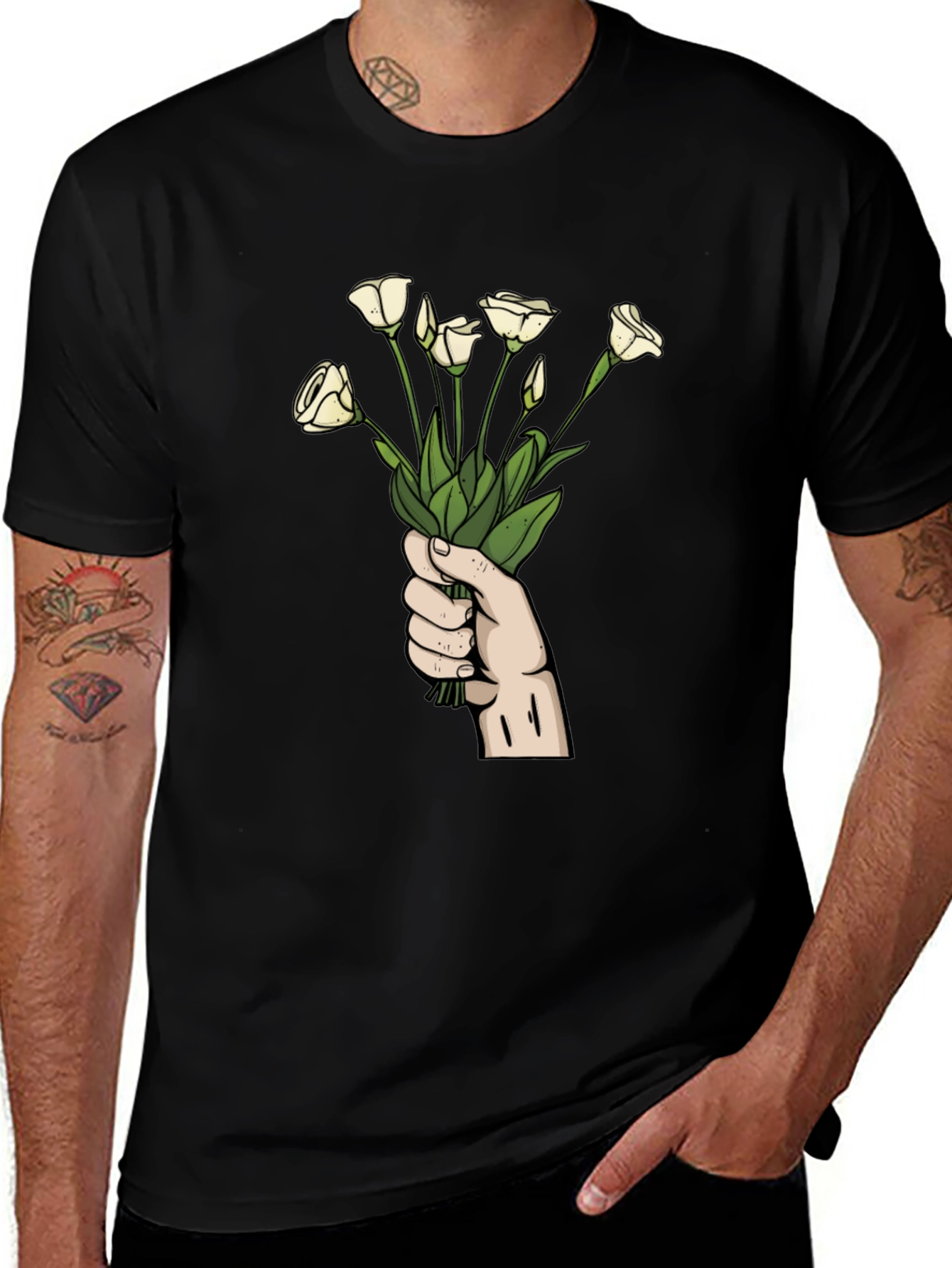 Floral Bouquet Graphic Tee - Black Cotton T-Shirt