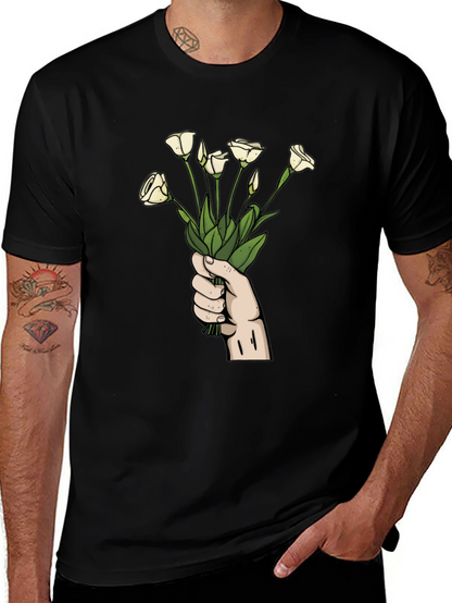 Floral Bouquet Graphic Tee - Black Cotton T-Shirt