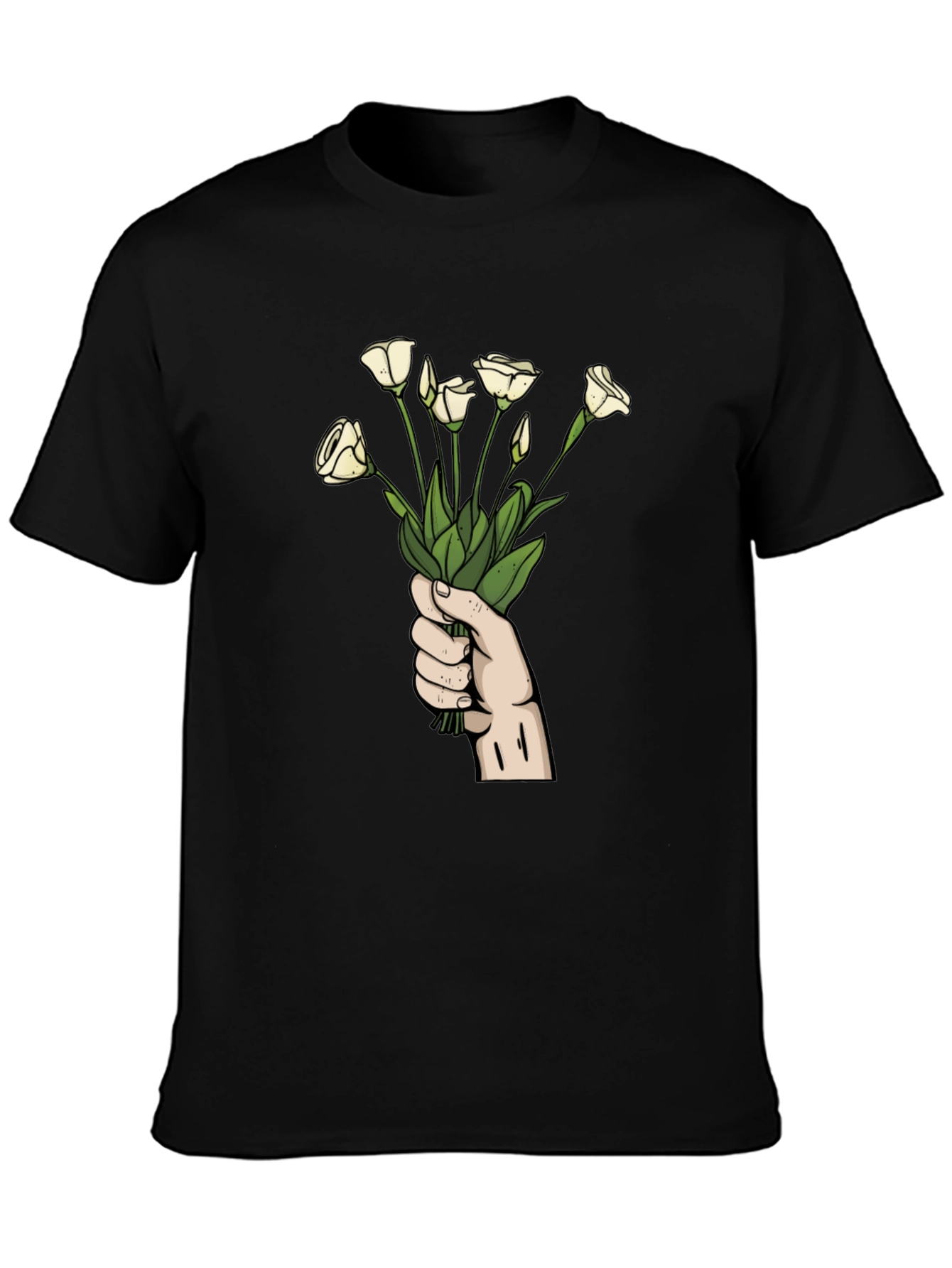 Floral Bouquet Graphic Tee - Black Cotton T-Shirt
