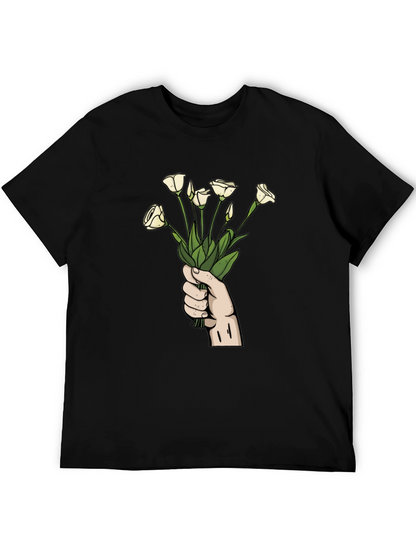 Floral Bouquet Graphic Tee - Black Cotton T-Shirt
