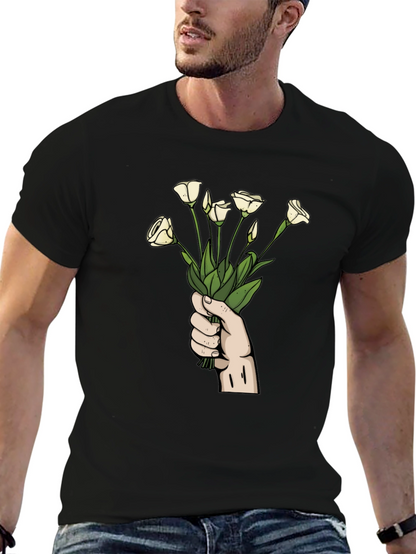 Floral Bouquet Graphic Tee - Black Cotton T-Shirt