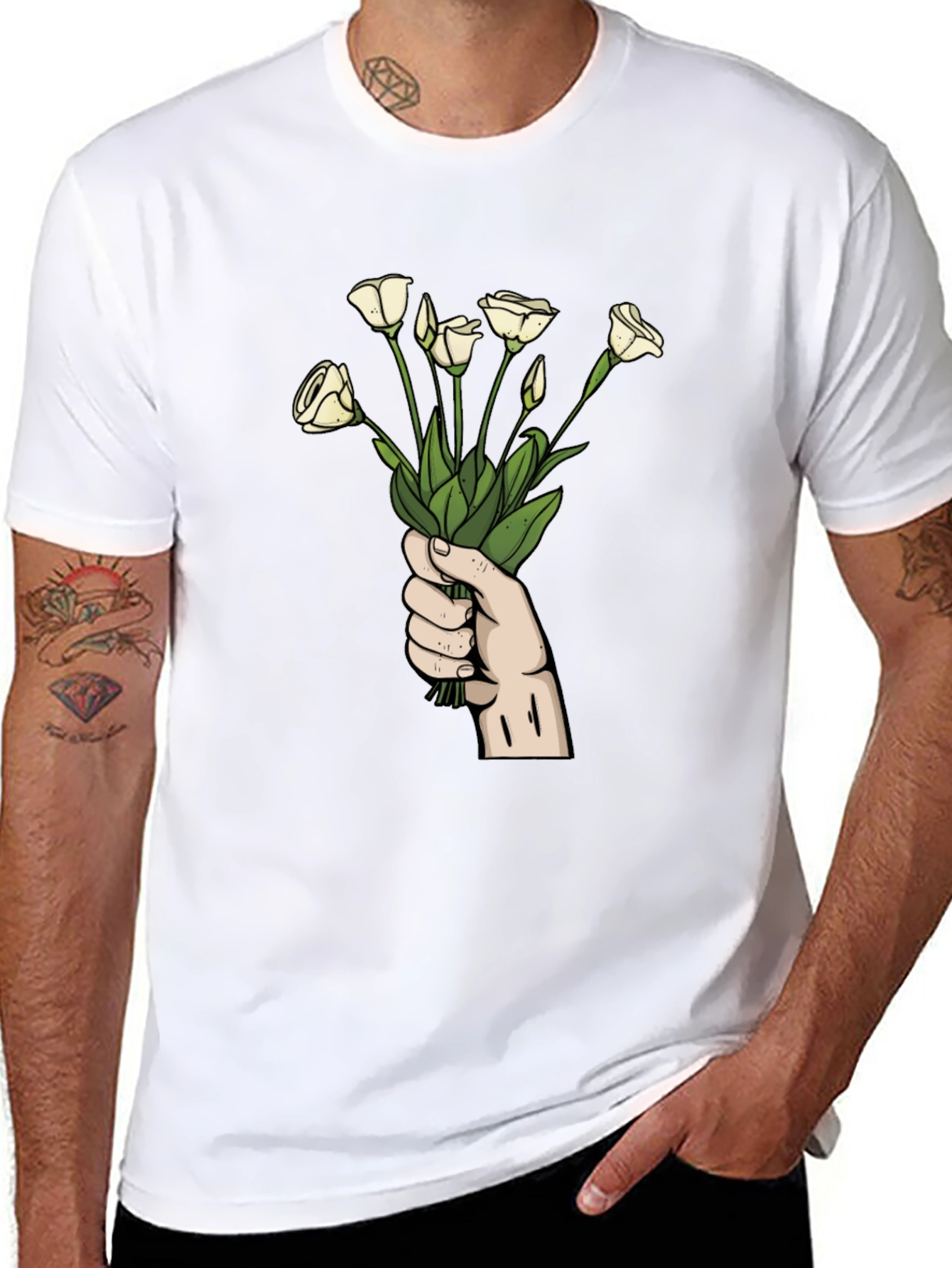 Floral Bouquet Graphic Tee - Black Cotton T-Shirt