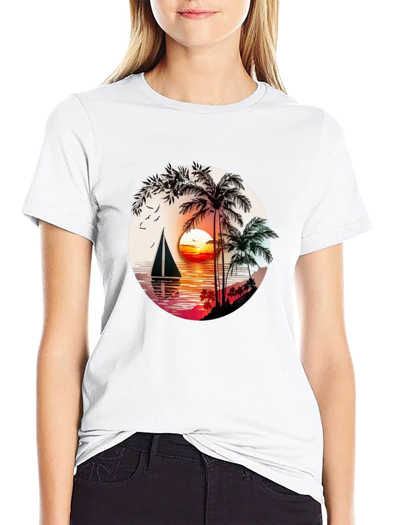 Tropical Sunset Sailboat Graphic T-Shirt