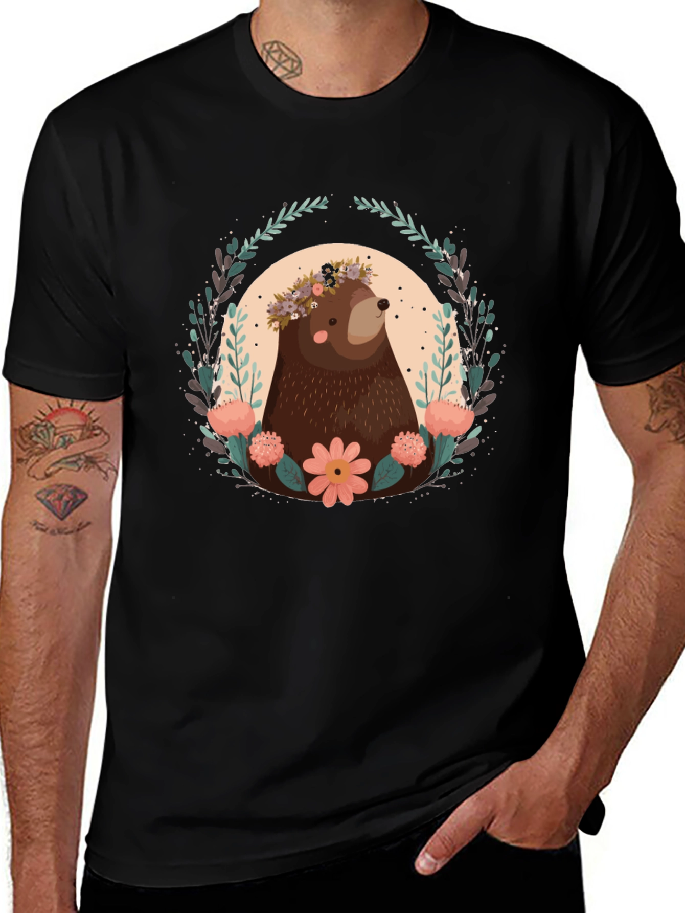 Bear & Floral Wreath Graphic T-Shirt