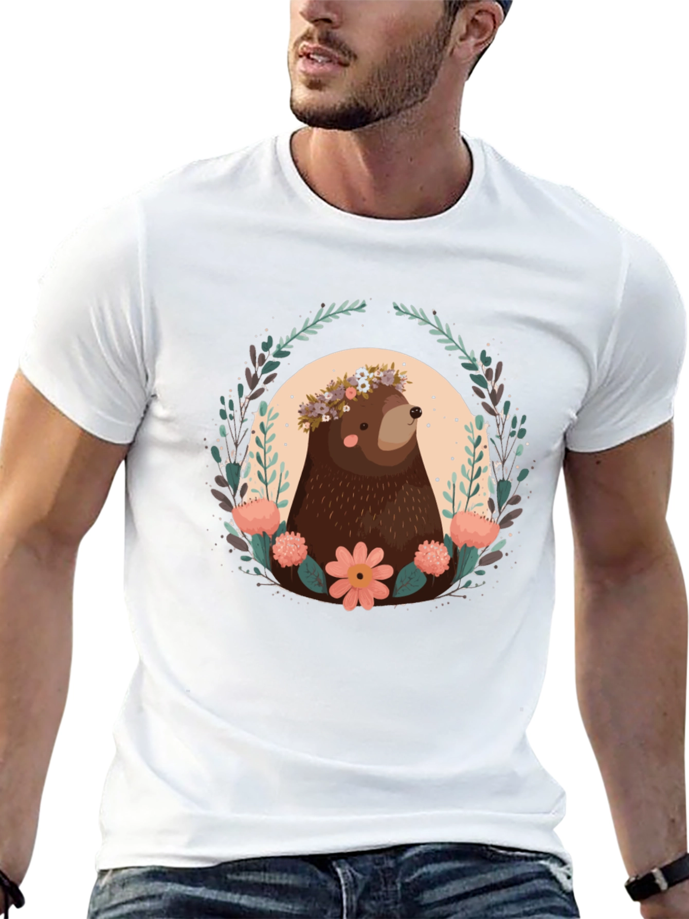 Bear & Floral Wreath Graphic T-Shirt