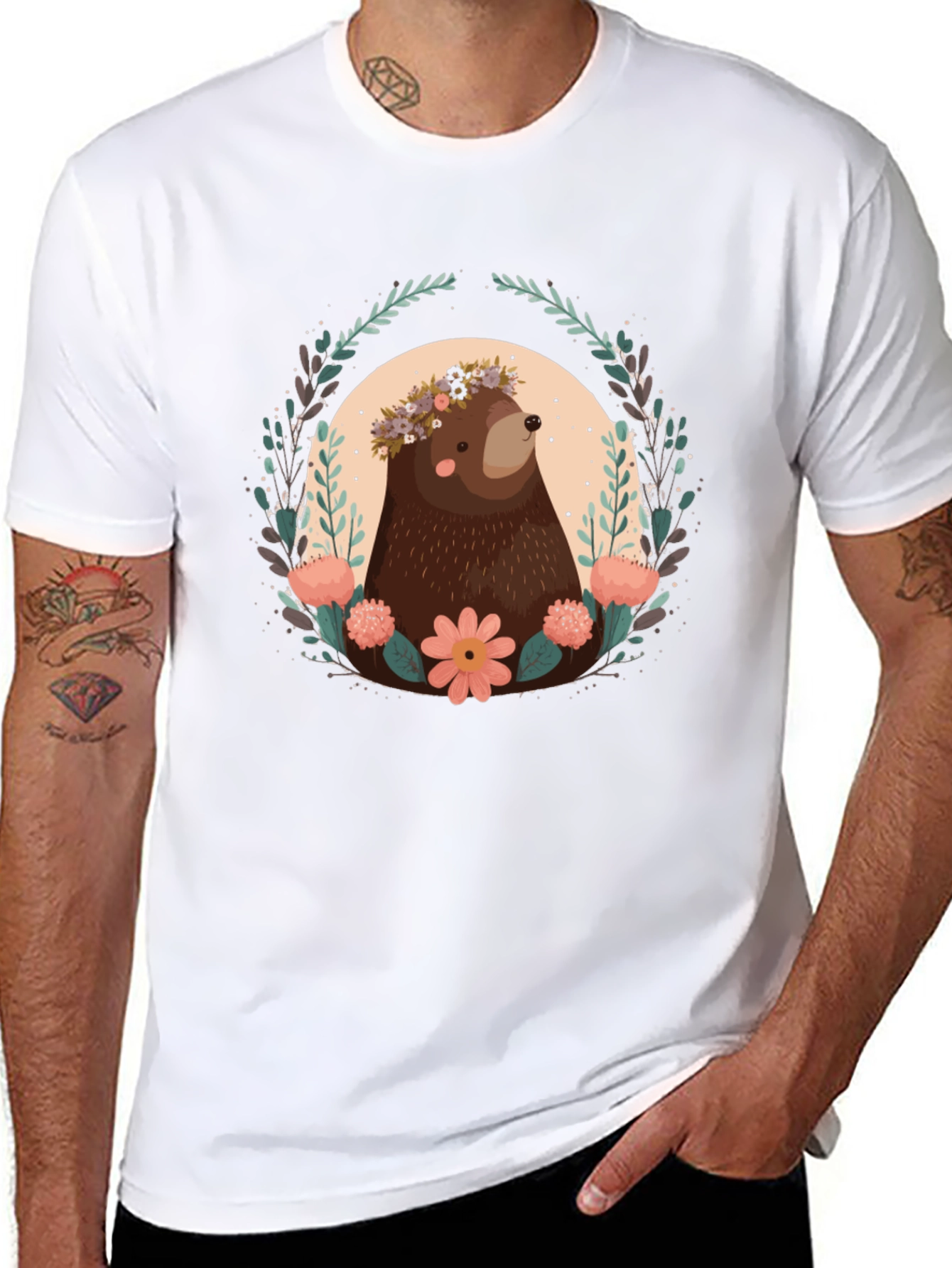 Bear & Floral Wreath Graphic T-Shirt