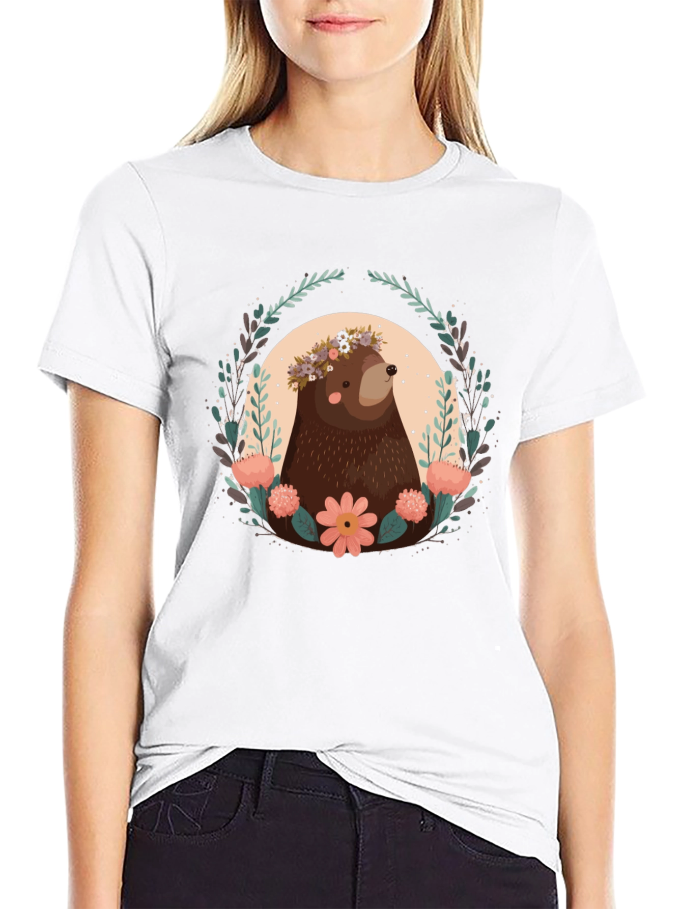 Bear & Floral Wreath Graphic T-Shirt