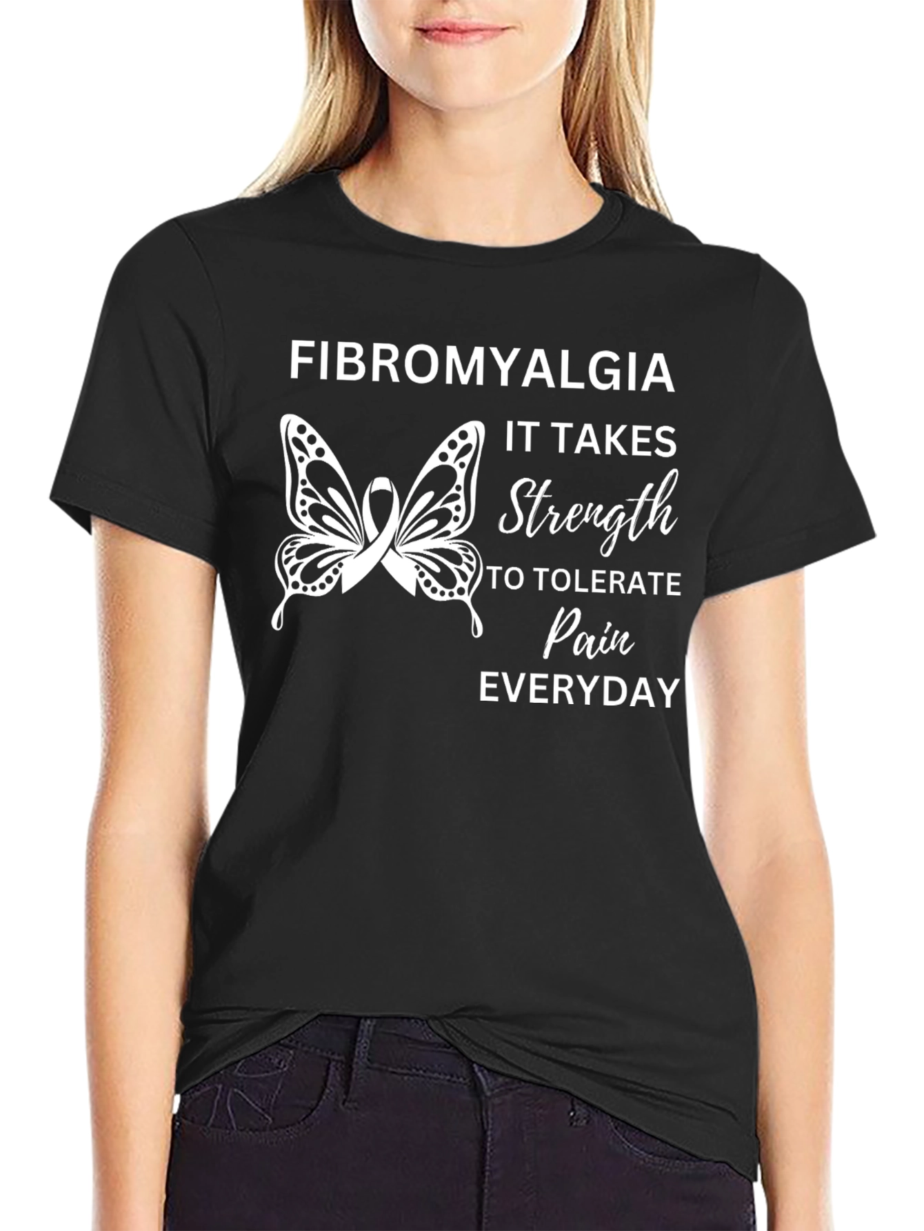 Fibromyalgia Awareness Ribbon Butterfly Black T-Shirt